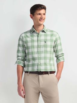 U.S. Polo Assn. Denim Co. - Sage Green Gingham Checks Slim Fit Cotton Mens Shirt