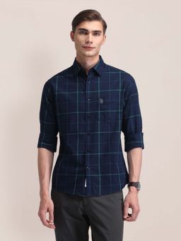 U.S. POLO ASSN. - Navy Blue Checked Tailored Fit Cotton Mens Shirt