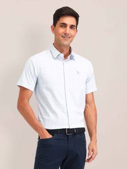 U.S. POLO ASSN. - Light Grey Gingham Checked Tailored Fit Cotton Mens Shirt