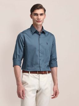 U.S. POLO ASSN. - Teal Solid Tailored Fit Cotton Blend Mens Shirt