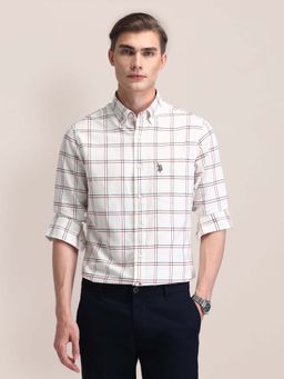 U.S. POLO ASSN. - White Checked Tailored Fit Cotton Mens Shirt
