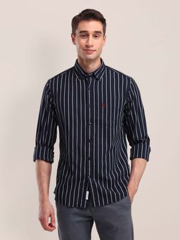 U.S. POLO ASSN. - Navy Blue Striped Regular Fit Cotton Mens Shirt