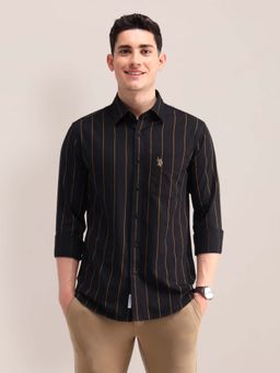 U.S. POLO ASSN. - Black Striped Tailored Fit Cotton Mens Shirt