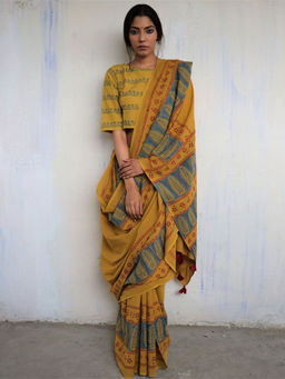 Chidiyaa - God Mustard Block Printed Cotton Mul Saree