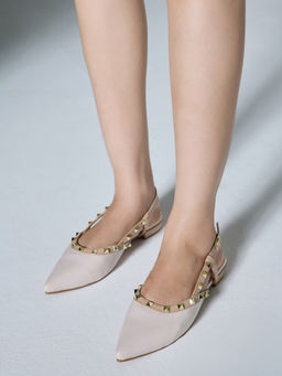 Twenty Dresses by Nykaa Fashion - Womens Beige Pointed Toe Studded Slingback Mule Flats