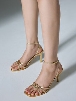 Twenty Dresses by Nykaa Fashion - Womens Gold Square Toe Strappy Metal Detail Heels