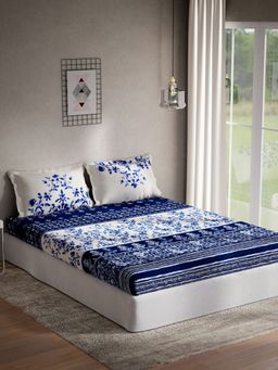 Ddecor Live Beautiful - Grazia Ethnic Cotton King Bedsheet With 2 Pillow Covers - Blue