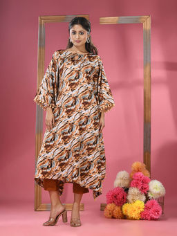 CHARUKRITI - Multicolour Printed Dola Silk Kaftan & Straight Pants with Pompoms (Set of 2)