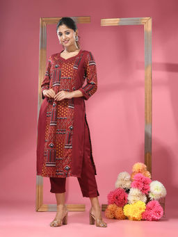 CHARUKRITI - Maroon Crepe Printed Kurta & Straight Pants (Set of 2)