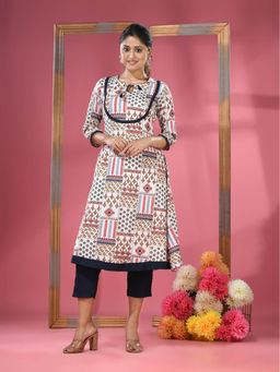 CHARUKRITI - White Crepe Printed Kurta & Straight Pants (Set of 2)