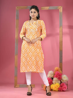 CHARUKRITI - Yellow & White Printed Cotton Kurta