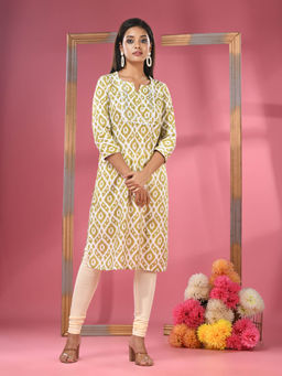 CHARUKRITI - Sap Green & White Printed Cotton Kurta