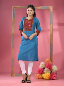 CHARUKRITI - Sapphire Blue Cotton Straight Kurta