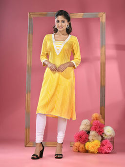 CHARUKRITI - Yellow Printed Cotton Kurta with Gota Patti Lace