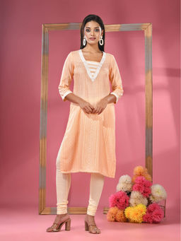 CHARUKRITI - Peach Printed Cotton Kurta with Gota Patti Lace