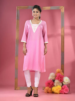 CHARUKRITI - Pink Printed Cotton Kurta with Gota Patti Lace