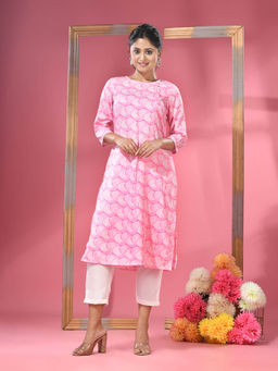 CHARUKRITI - Pink Printed Cotton Kurta with Straight Pants (Set of 2)