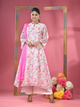 CHARUKRITI - White Georgette Floral Printed Suit with Dupatta (Set of 3)