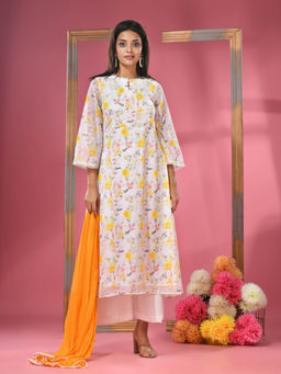 CHARUKRITI - White Georgette Floral Printed Suit with Dupatta (Set of 3)