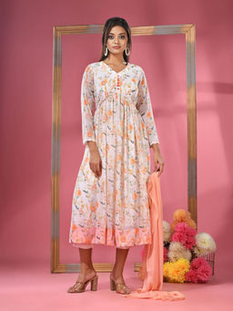 CHARUKRITI - White Georgette Floral Printed & Gathered Suit with Dupatta (Set of 3)