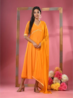 CHARUKRITI - Yellow Georgette Gathered Suit with Dupatta (Set of 3)