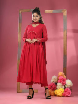 CHARUKRITI - Red Georgette Gathered Suit with Dupatta (Set of 3)