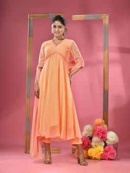 CHARUKRITI - Peach Georgette Gathered Suit with Dupatta (Set of 3)