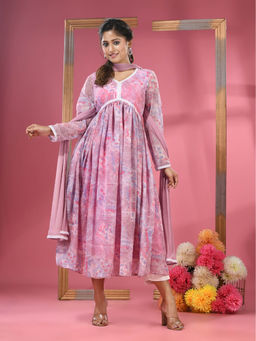 CHARUKRITI - Pink Foliage Printed Gathered Georgette Suit with Dupatta (Set of 3)