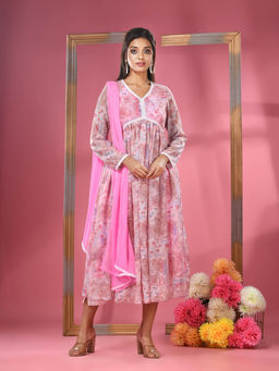CHARUKRITI - Pink Foliage Printed Gathered Georgette Suit with Dupatta (Set of 3)