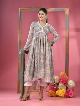 CHARUKRITI - Pistachio Green Foliage Printed Gathered Georgette Suit with Dupatta (Set of 3)