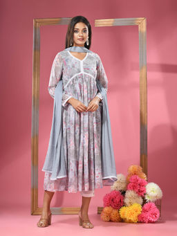 CHARUKRITI - Grey Foliage Printed Gathered Georgette Suit with Dupatta (Set of 3)