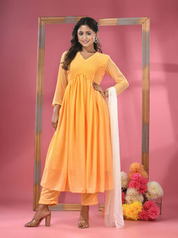 CHARUKRITI - Yellow Embellished Gathered Georgette Suit with Dupatta (Set of 3)