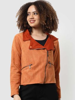 Campus Sutra - Womens Brown Regular Fit Biker Jacket