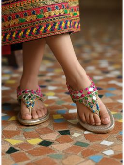 Lil Pitaara - Beads Embellished Zari Sandals Multi-Color