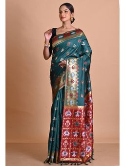 Unnati Silks - Dark Green Paithani Patola Soft Silk Saree with Unstitched Blouse