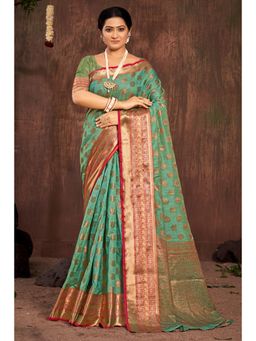 Sangam Prints - Turquoise Cotton Woven Zari Work Traditional Saree with Unstitched Blouse