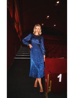 Little Mistress - Navy Blue Spot Foil Print Midi Dress by Vogue Williams