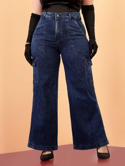 Miss Chase - A+ Curve Collection Plus Size Women's Blue Wide-Leg Denim Cargo Jeans