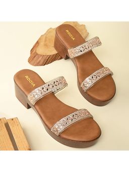 ROCIA - Rose Gold Women Vinyl Studded Block Heel Sandals