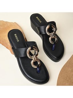 ROCIA - Black Women Casual Gold Buckled Wedges
