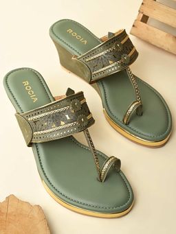 ROCIA - Green Women Laser Cut Kolhapuri Wedges