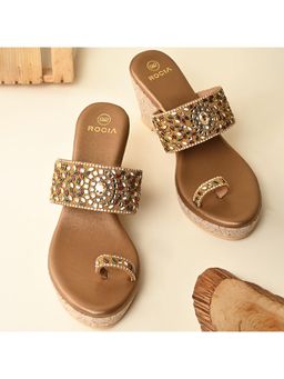 ROCIA - Antique Brown Women One Toe Kundan Work Wedges