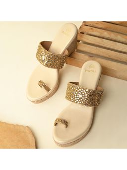 ROCIA - Gold Women One Toe Kundan Work Wedges