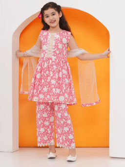 AJ Dezines - Pink Pure Cotton Girls Suit Kurti with Palazzo and Dupatta (Set of 3)