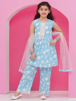 AJ Dezines - Sky Blue Pure Cotton Girls Suit Kurti with Palazzo and Dupatta (Set of 3)