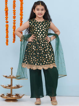 AJ Dezines - Dark Green Motif Foil Print Kurti with Palazzo and Dupatta (Set of 3)