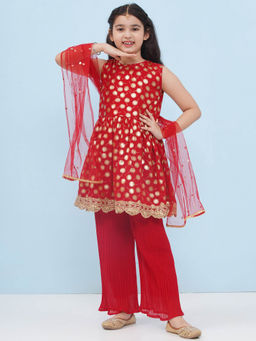 AJ Dezines - Red Georgette Motif Foil Print Kurti with Palazzo and Dupatta (Set of 3)