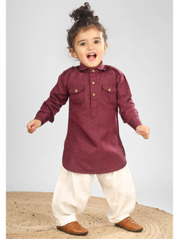 Polka Tots - Boys Cotton Full Sleeve Solid Pathani with Salwar - Maroon (Set of 2)