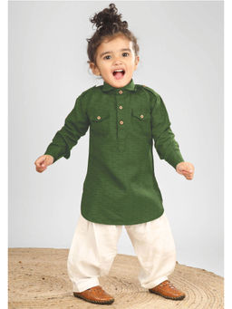 Polka Tots - Boys Cotton Full Sleeve Solid Pathani with Salwar - Green (Set of 2)