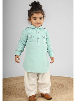 Polka Tots - Boys Cotton Full Sleeve Solid Pathani with Salwar - Aqua Blue (Set of 2)